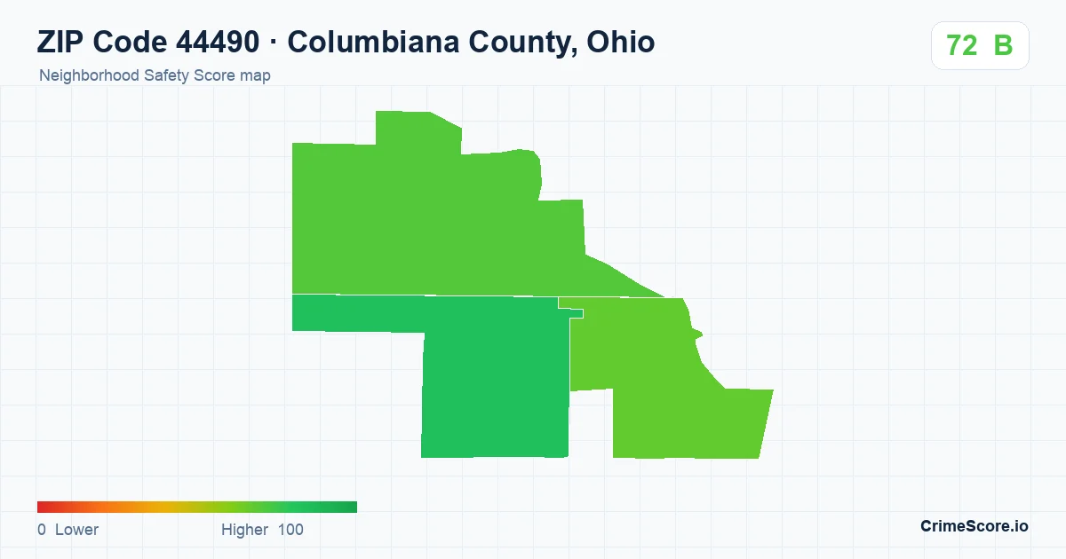 ZIP Code 44490 in Columbiana County, Ohio neighborhood Safety Score map