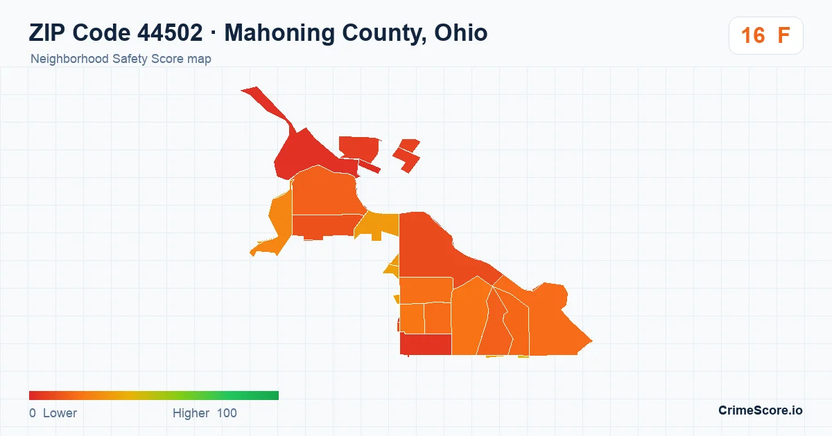 ZIP Code 44502 in Mahoning County, Ohio neighborhood Safety Score map