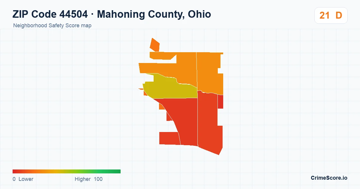 ZIP Code 44504 in Mahoning County, Ohio neighborhood Safety Score map