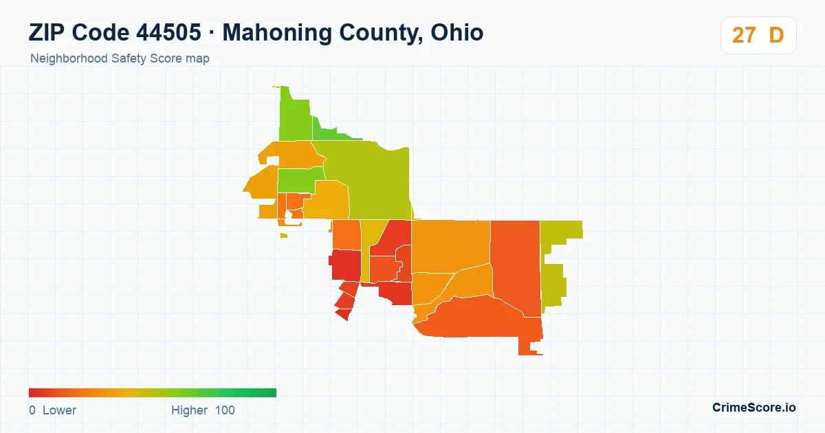 ZIP Code 44505 in Mahoning County, Ohio neighborhood Safety Score map