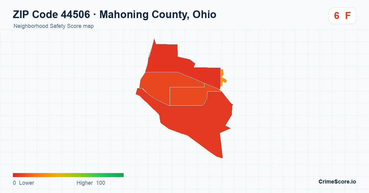 ZIP Code 44506 in Mahoning County, Ohio neighborhood Safety Score map