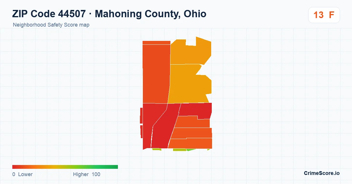 ZIP Code 44507 in Mahoning County, Ohio neighborhood Safety Score map