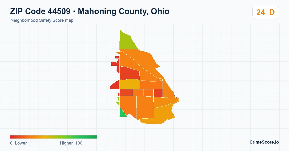 ZIP Code 44509 in Mahoning County, Ohio neighborhood Safety Score map
