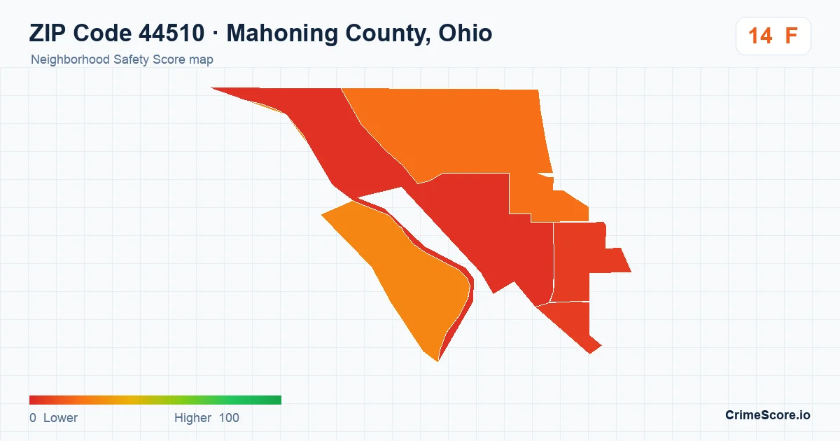 ZIP Code 44510 in Mahoning County, Ohio neighborhood Safety Score map