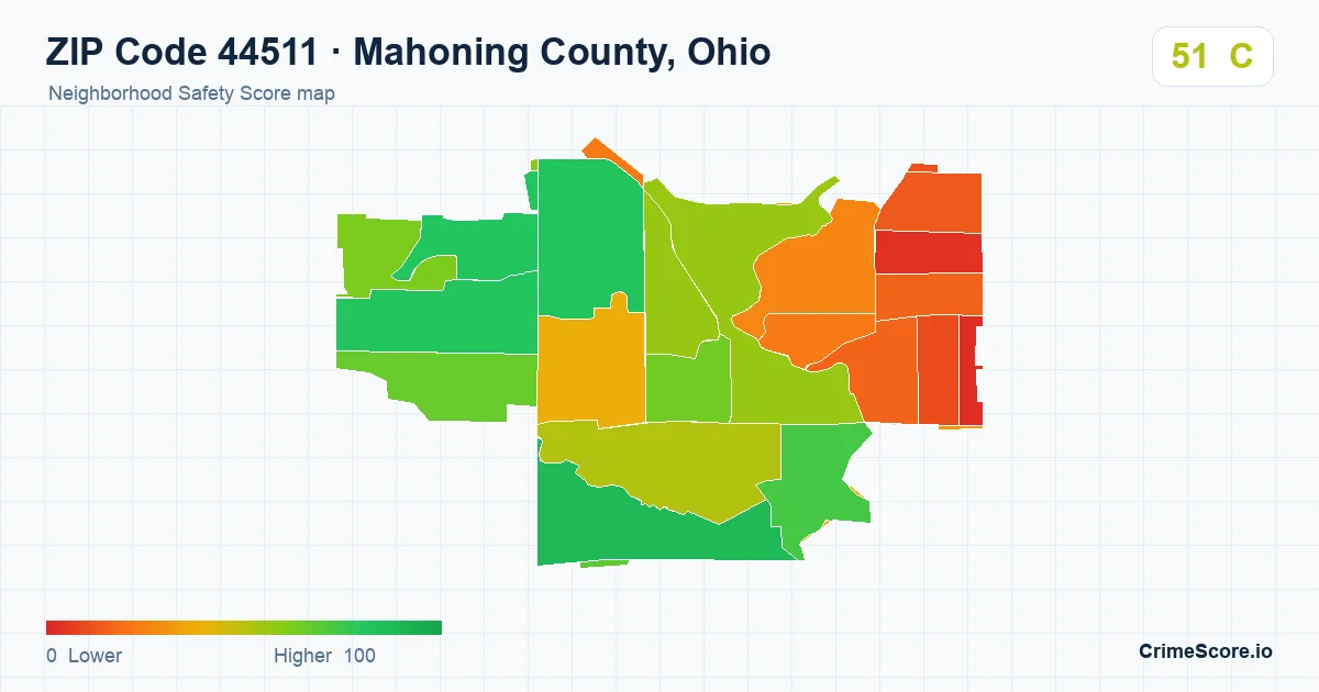 ZIP Code 44511 in Mahoning County, Ohio neighborhood Safety Score map