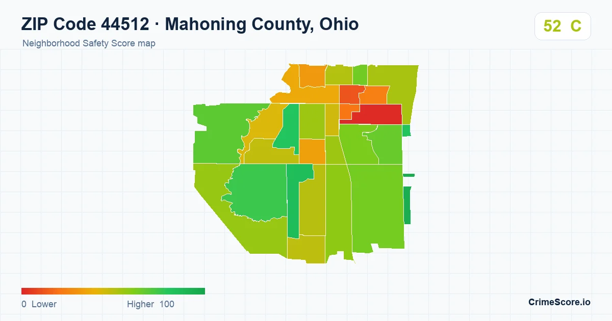 ZIP Code 44512 in Mahoning County, Ohio neighborhood Safety Score map