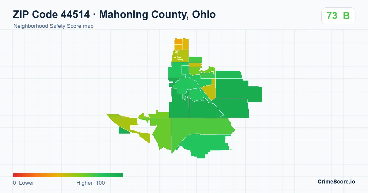 ZIP Code 44514 in Mahoning County, Ohio neighborhood Safety Score map