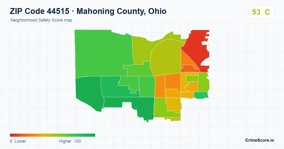 ZIP Code 44515 in Mahoning County, Ohio neighborhood Safety Score map