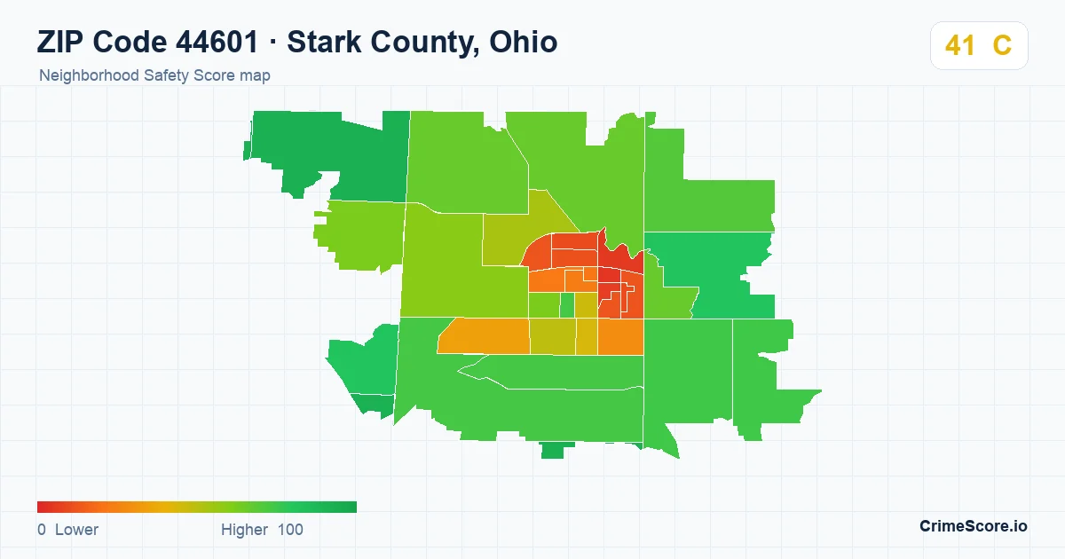 ZIP Code 44601 in Stark County, Ohio neighborhood Safety Score map