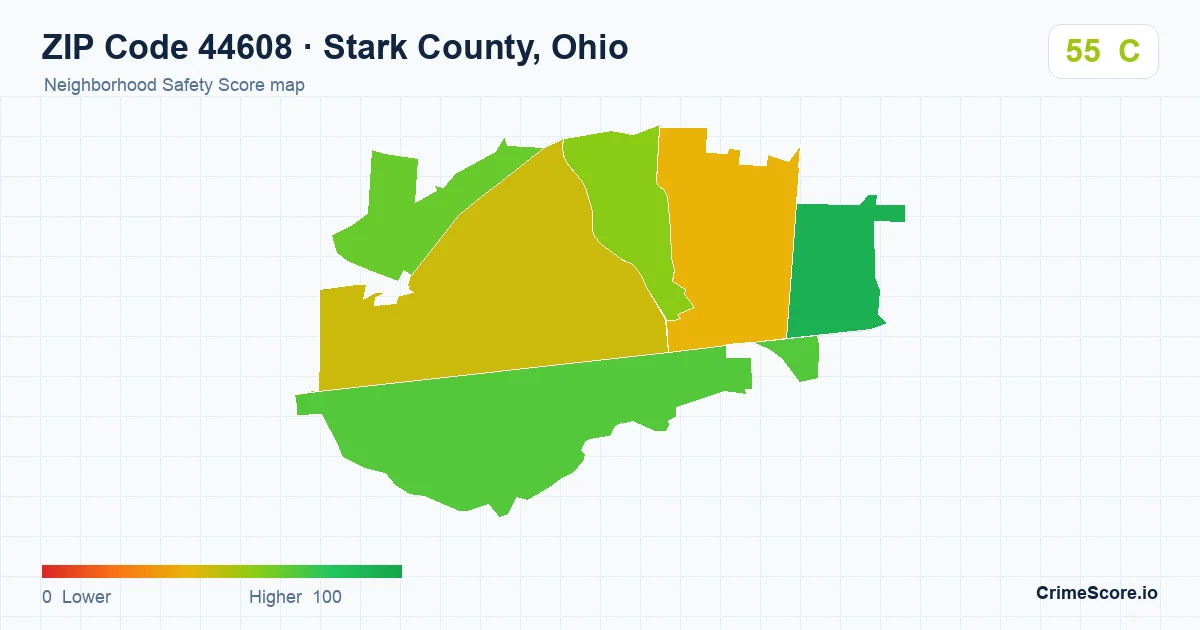 ZIP Code 44608 in Stark County, Ohio neighborhood Safety Score map
