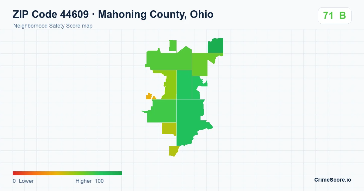 ZIP Code 44609 in Mahoning County, Ohio neighborhood Safety Score map
