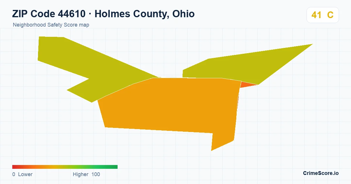 ZIP Code 44610 in Holmes County, Ohio neighborhood Safety Score map