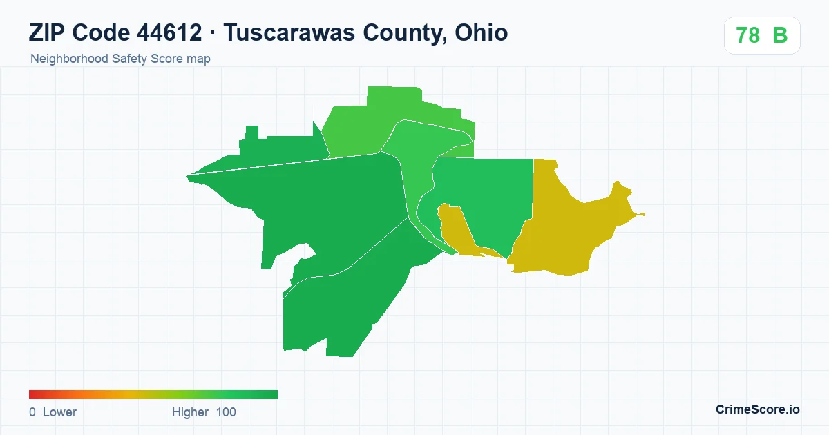 ZIP Code 44612 in Tuscarawas County, Ohio neighborhood Safety Score map