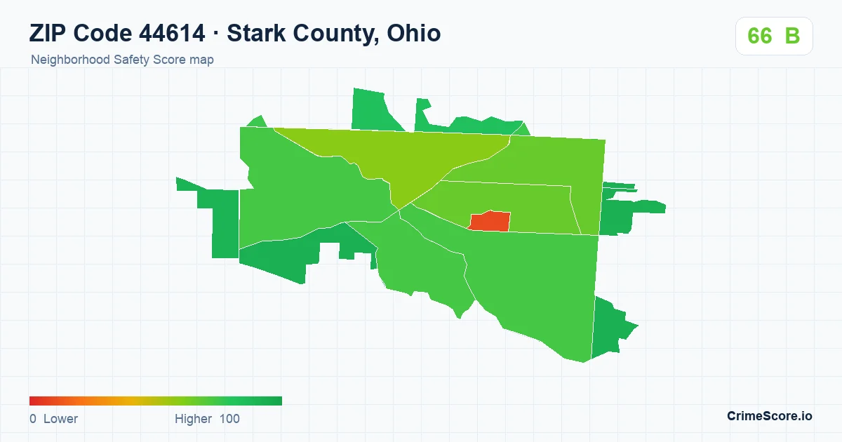 ZIP Code 44614 in Stark County, Ohio neighborhood Safety Score map
