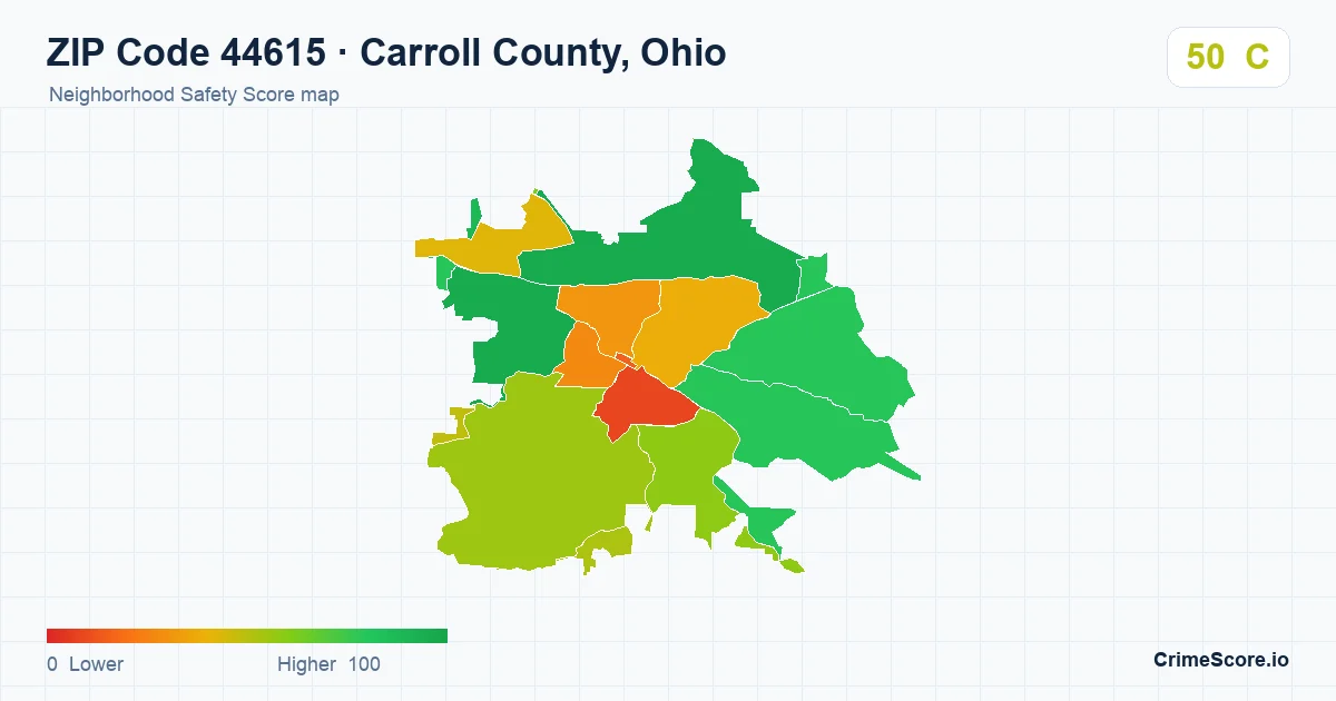 ZIP Code 44615 in Carroll County, Ohio neighborhood Safety Score map