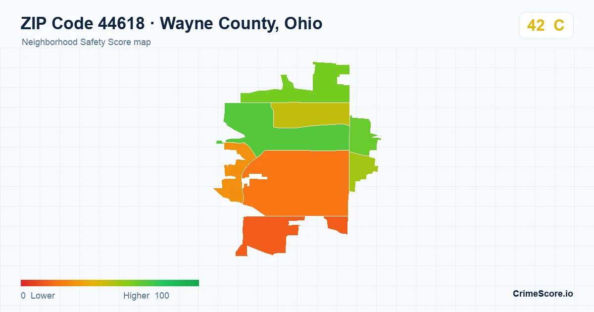 ZIP Code 44618 in Wayne County, Ohio neighborhood Safety Score map
