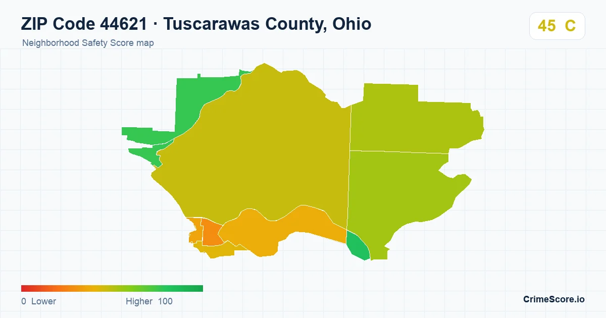 ZIP Code 44621 in Tuscarawas County, Ohio neighborhood Safety Score map