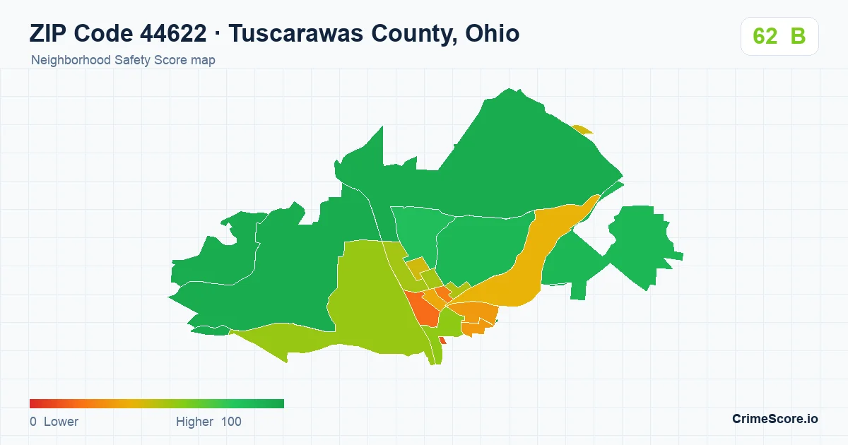 ZIP Code 44622 in Tuscarawas County, Ohio neighborhood Safety Score map