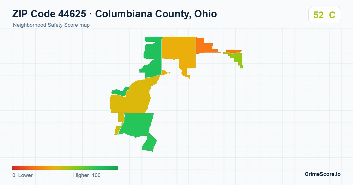 ZIP Code 44625 in Columbiana County, Ohio neighborhood Safety Score map