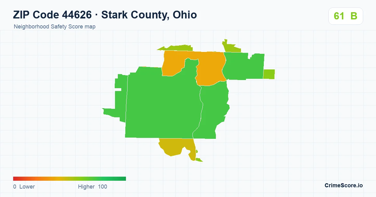 ZIP Code 44626 in Stark County, Ohio neighborhood Safety Score map