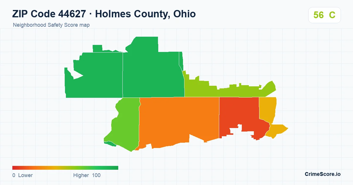 ZIP Code 44627 in Holmes County, Ohio neighborhood Safety Score map