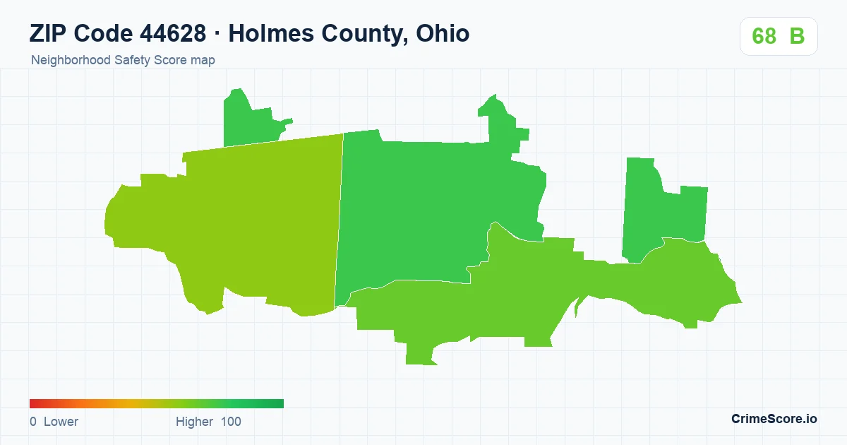 ZIP Code 44628 in Holmes County, Ohio neighborhood Safety Score map