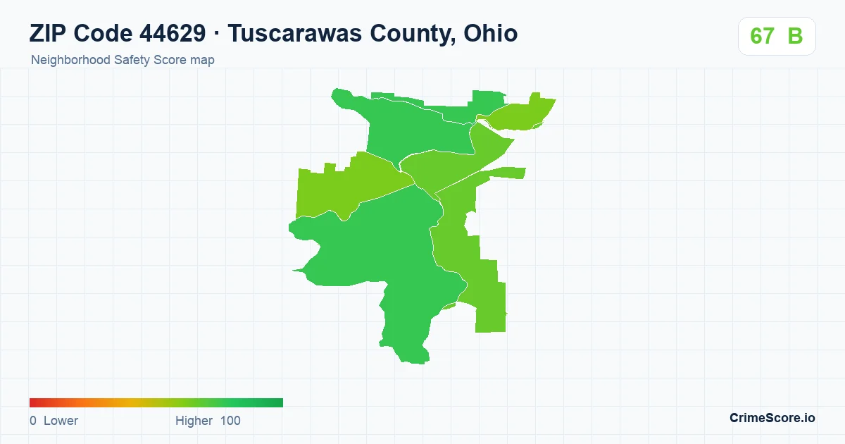 ZIP Code 44629 in Tuscarawas County, Ohio neighborhood Safety Score map