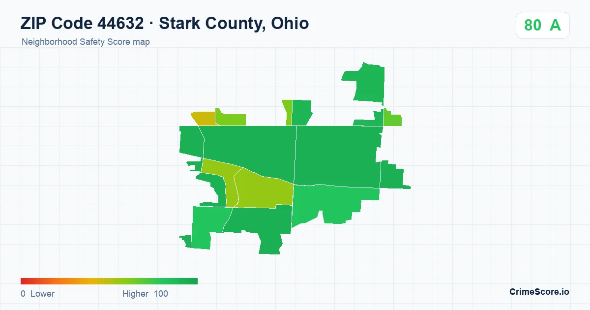 ZIP Code 44632 in Stark County, Ohio neighborhood Safety Score map