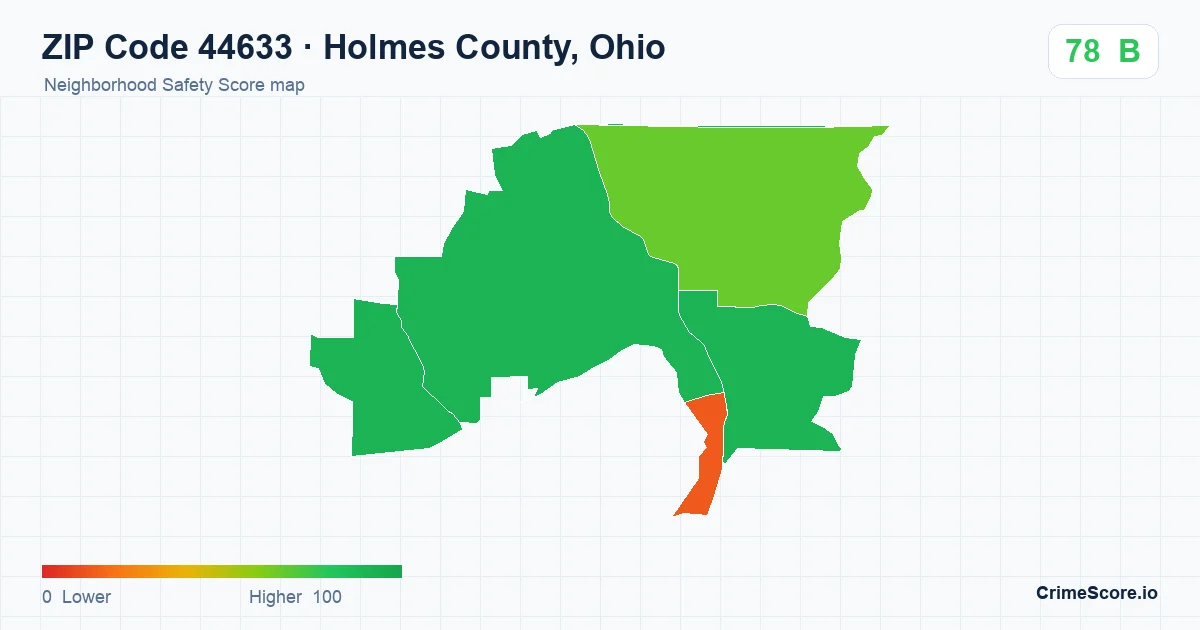 ZIP Code 44633 in Holmes County, Ohio neighborhood Safety Score map