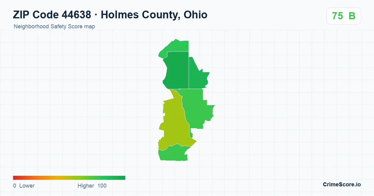 ZIP Code 44638 in Holmes County, Ohio neighborhood Safety Score map