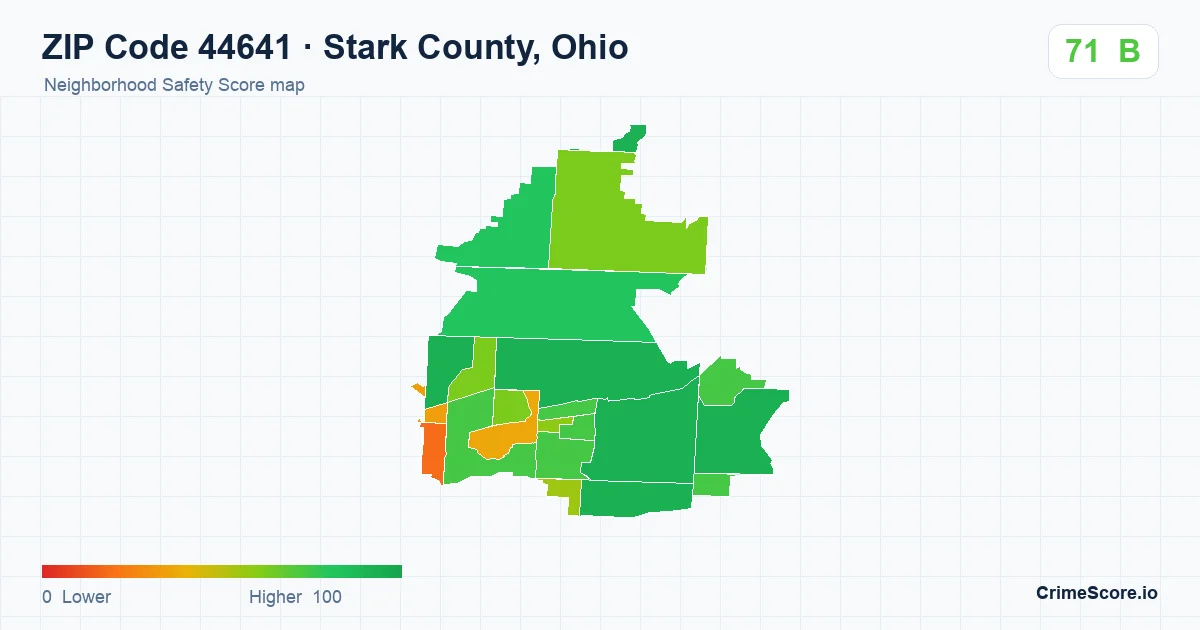ZIP Code 44641 in Stark County, Ohio neighborhood Safety Score map