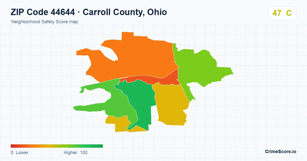 ZIP Code 44644 in Carroll County, Ohio neighborhood Safety Score map