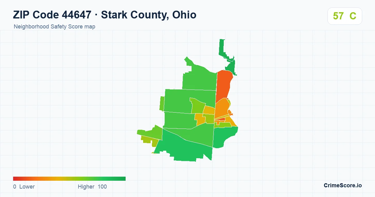 ZIP Code 44647 in Stark County, Ohio neighborhood Safety Score map
