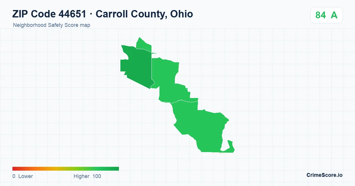 ZIP Code 44651 in Carroll County, Ohio neighborhood Safety Score map