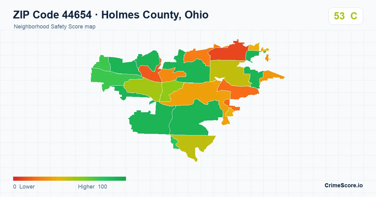 ZIP Code 44654 in Holmes County, Ohio neighborhood Safety Score map