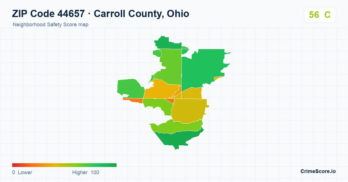 ZIP Code 44657 in Carroll County, Ohio neighborhood Safety Score map