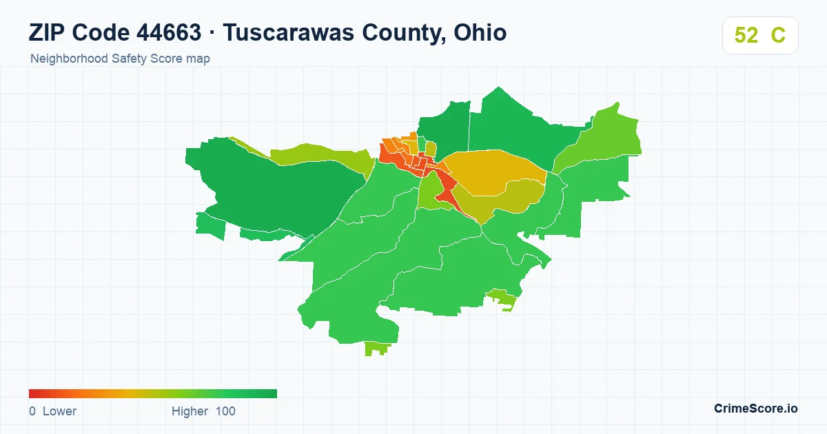 ZIP Code 44663 in Tuscarawas County, Ohio neighborhood Safety Score map