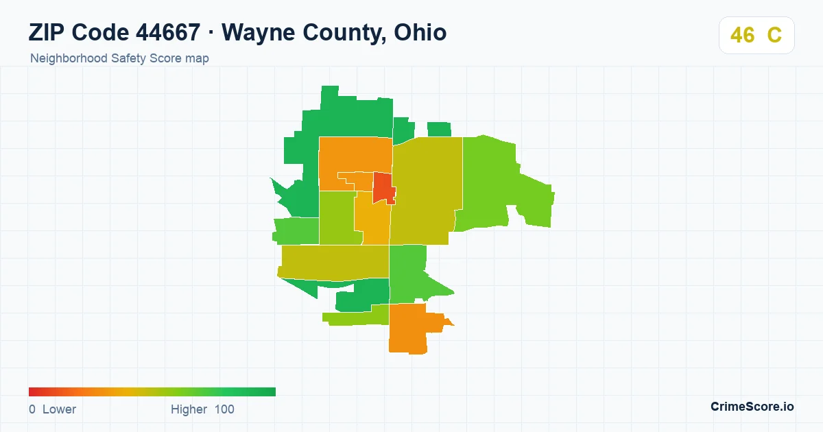 ZIP Code 44667 in Wayne County, Ohio neighborhood Safety Score map