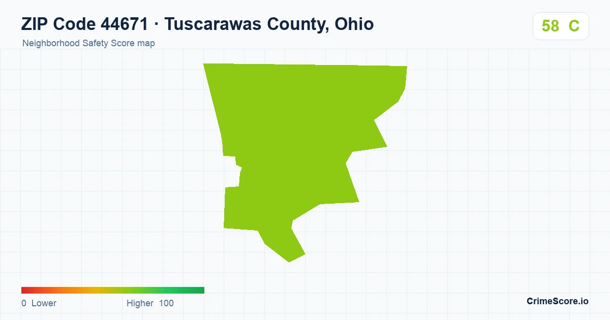 ZIP Code 44671 in Tuscarawas County, Ohio neighborhood Safety Score map