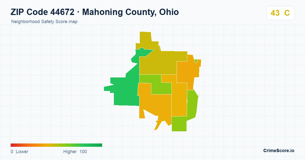 ZIP Code 44672 in Mahoning County, Ohio neighborhood Safety Score map