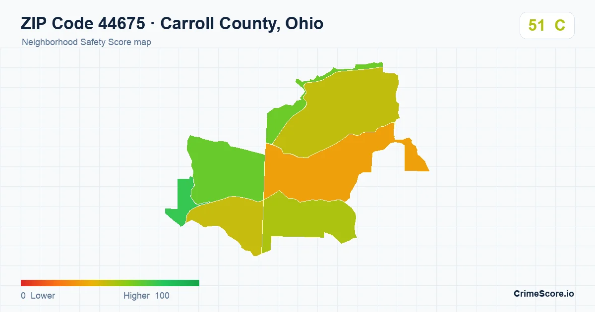 ZIP Code 44675 in Carroll County, Ohio neighborhood Safety Score map
