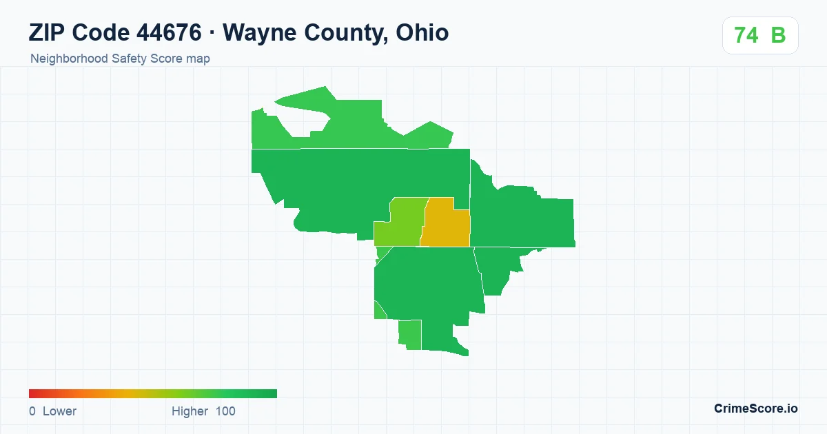 ZIP Code 44676 in Wayne County, Ohio neighborhood Safety Score map