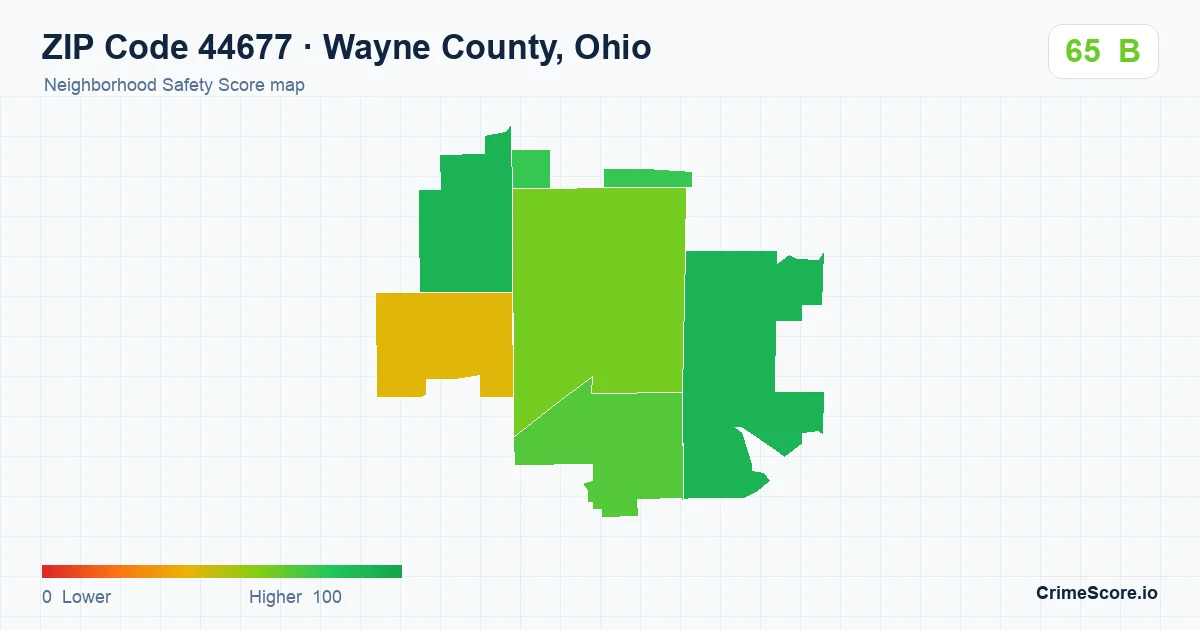 ZIP Code 44677 in Wayne County, Ohio neighborhood Safety Score map
