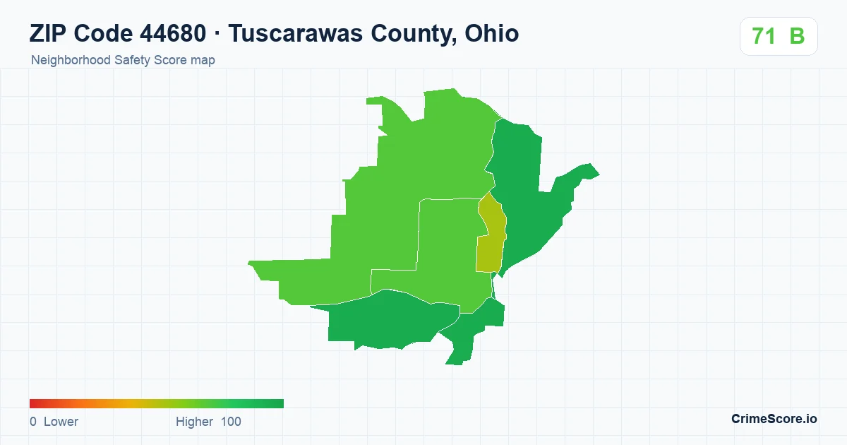 ZIP Code 44680 in Tuscarawas County, Ohio neighborhood Safety Score map