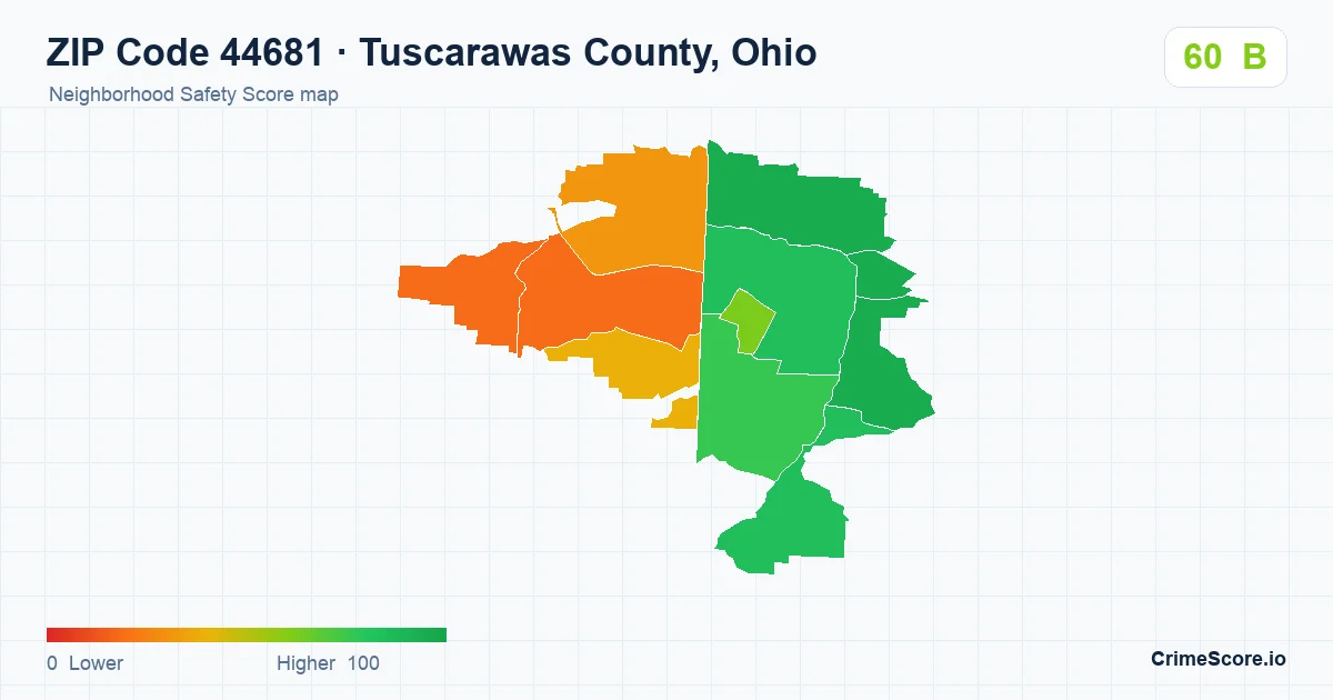ZIP Code 44681 in Tuscarawas County, Ohio neighborhood Safety Score map