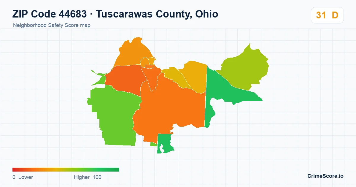 ZIP Code 44683 in Tuscarawas County, Ohio neighborhood Safety Score map