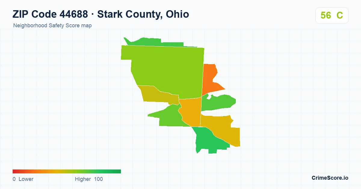 ZIP Code 44688 in Stark County, Ohio neighborhood Safety Score map
