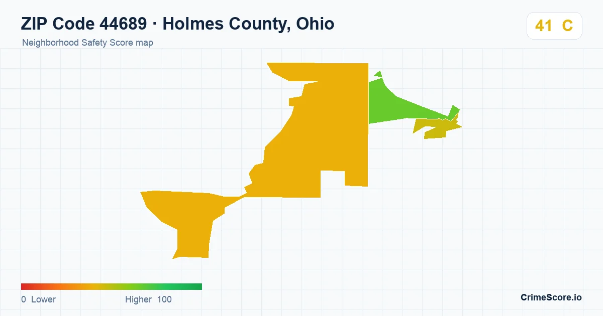 ZIP Code 44689 in Holmes County, Ohio neighborhood Safety Score map
