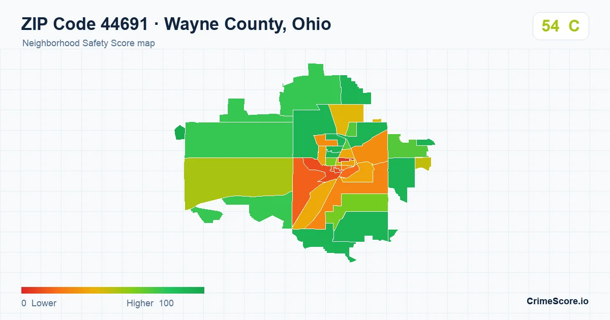 ZIP Code 44691 in Wayne County, Ohio neighborhood Safety Score map