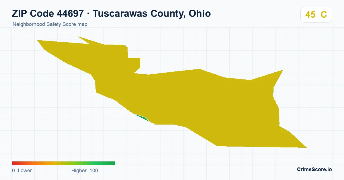 ZIP Code 44697 in Tuscarawas County, Ohio neighborhood Safety Score map